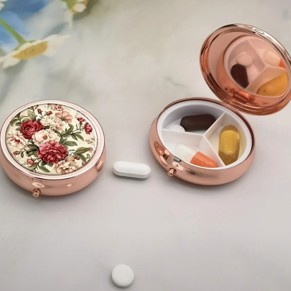 Vintage Floral Rose Gold Pill Box - Compact Travel Organizer - Picture 4 of 8